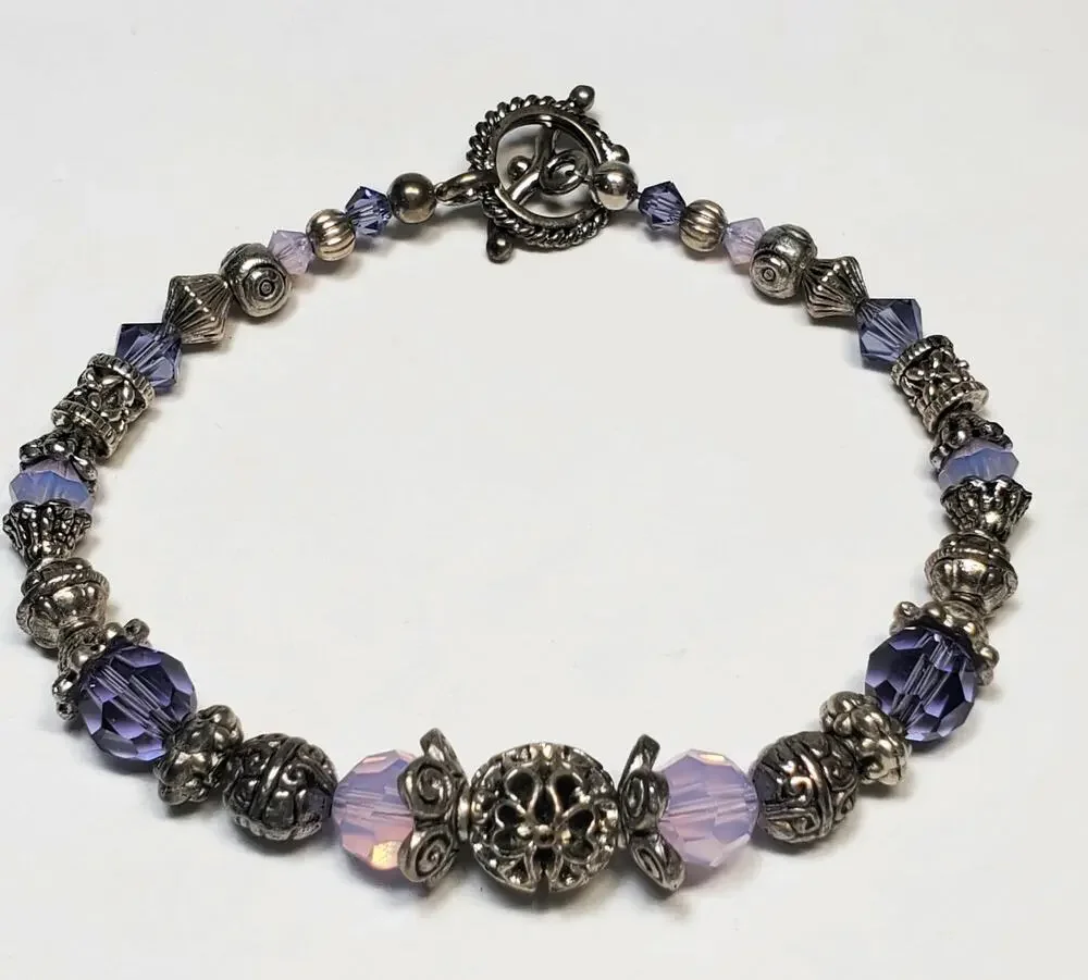Purple Crystal Silver Tone Bead Toggle Bracelet 8